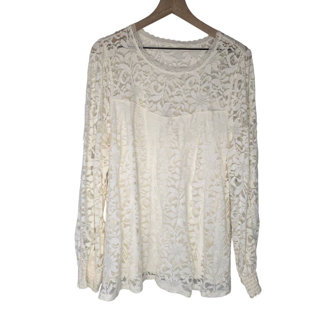 Torrid Stretch Lace Mesh Top Women  2X Pristine Ivory Nylon Cotton Romantic Boho